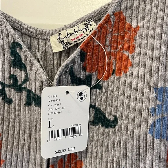 Free people intimately Floral Ribbed Knit Tank Top - Gray, Red, Blue NWT, L - Picture 2 of 4